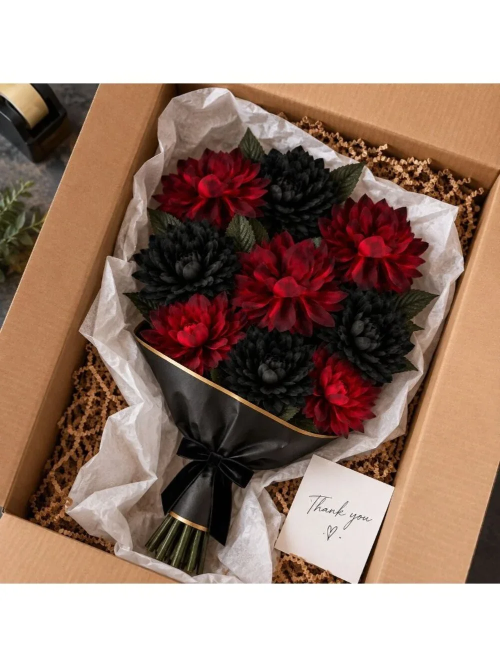 Black Red Artificial Mum Dahlia Style Bouquet, Gothic Wedding Bouquet, Alternati